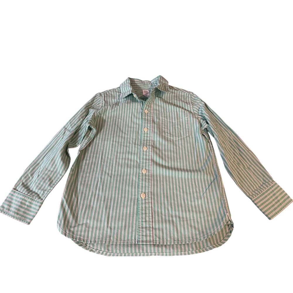 GAP Kids Boys S 6-7 Green White Striped Long Sleeve Button Down Shirt